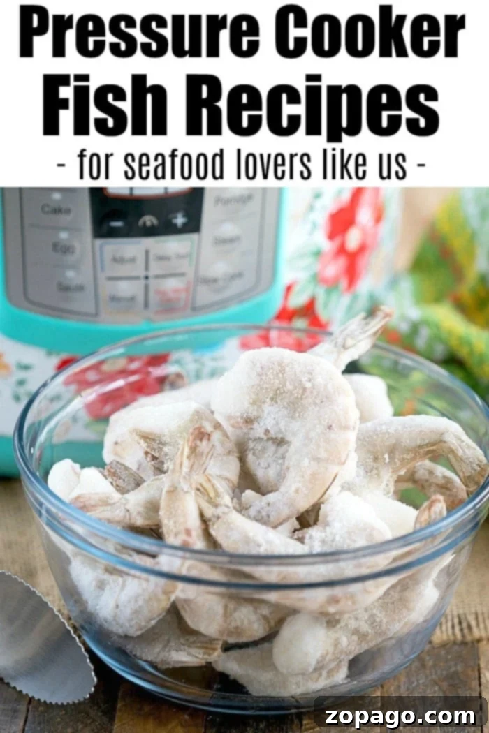 Explore a variety of healthy pressure cooker recipes for quick and tasty meals. #instantpot #ninjafoodi A glass bowl filled with frozen shrimp sits invitingly in front of a pressure cooker, symbolizing the ease of preparing delicious and healthy pressure cooker fish recipes for seafood enthusiasts.