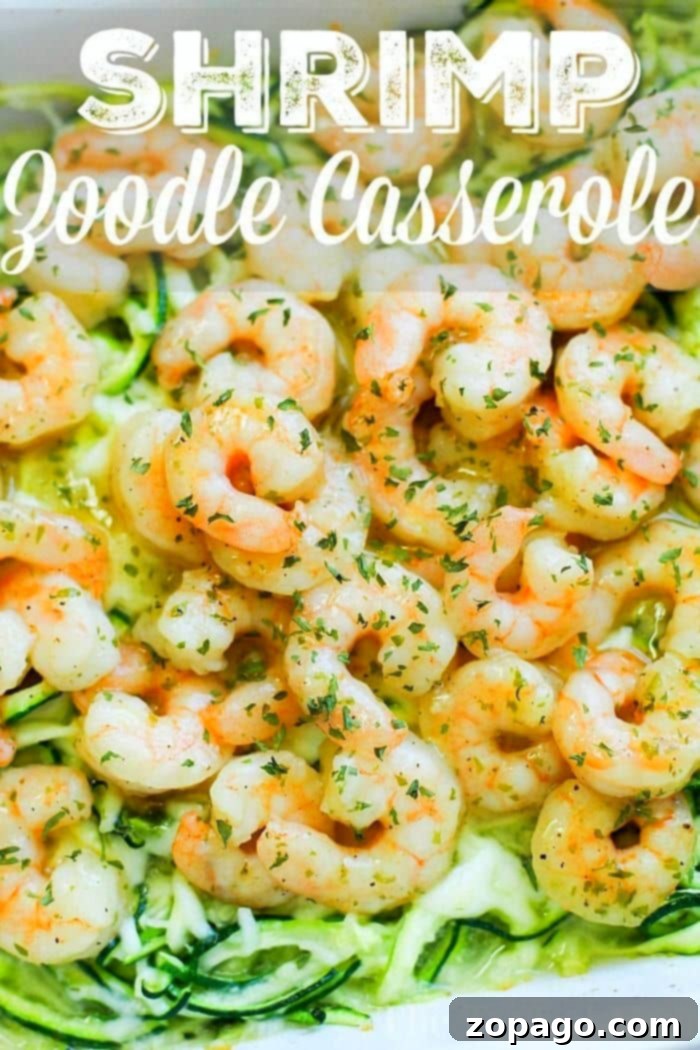 Zucchini noodles and shrimp is great! This protein packed seafood dinner is a favorite at our house using zoodles instead of pasta because it's quick. A close-up of zoodles and shrimp in a bowl, showcasing the healthy and delicious low-carb meal.
