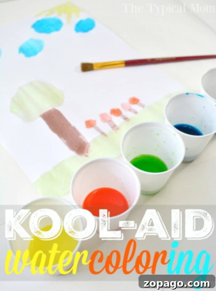 Learn how to make Kool-Aid paint for safe, non-toxic watercolor fun! This easy, budget-friendly craft is perfect for kids, preschoolers, and toddlers. Homemade Kool-Aid paint offers vibrant colors and a delightful sensory experience without chemicals. #kidscrafts #preschool #toddler #craft #safe #paint #painting #safe #paints #homemade #koolaid #watercolor A child's watercolor painting featuring trees, a sky, and a sun, created with vibrant Kool-Aid paint. Five small cups of different colored Kool-Aid paints and a paintbrush are next to the artwork.