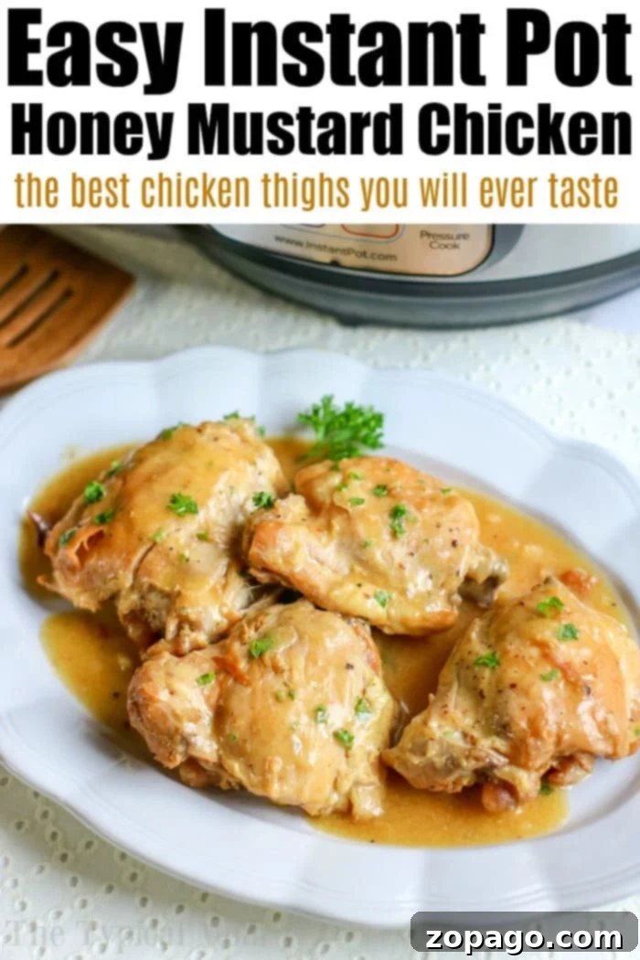 Quick Instant Pot Honey Mustard Chicken 2 Delicious Instant Pot honey mustard chicken garnished with fresh herbs, ready to serve over rice.