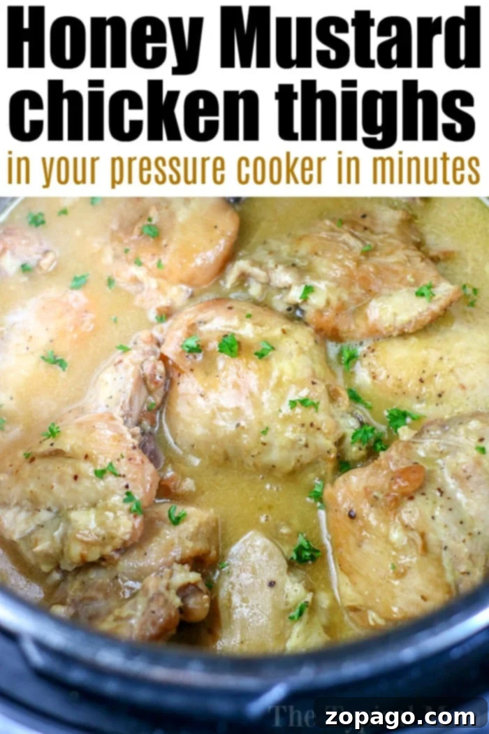 Quick Instant Pot Honey Mustard Chicken 5 Instant Pot Honey Mustard Chicken thighs, pressure-cooked to perfection and garnished with fresh parsley, make for a delightful dish.