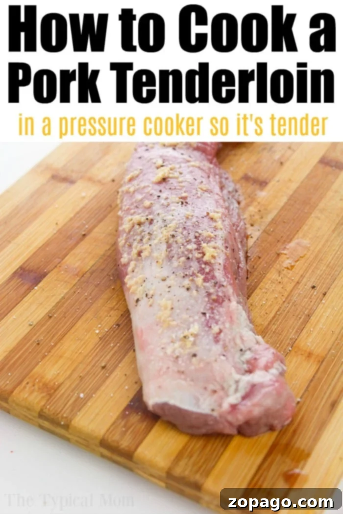 Raw pork tenderloin seasoned with salt and pepper on a wooden cutting board, prepped for cooking in the Instant Pot.