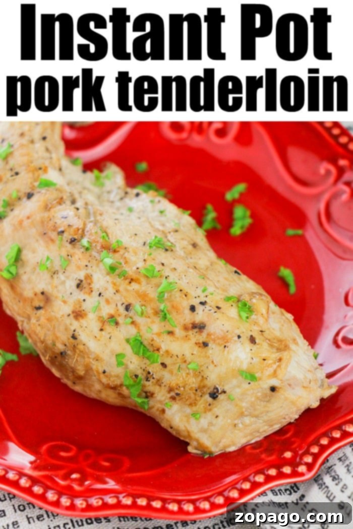 A plate of easy Instant Pot pork tenderloin, expertly sliced and ready to be served, highlighting its tender texture and delicious gravy.