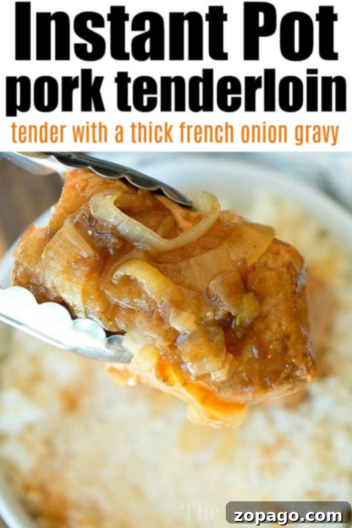Close-up of tender Instant Pot pork tenderloin slices, generously topped with a savory French onion gravy and fresh herbs.