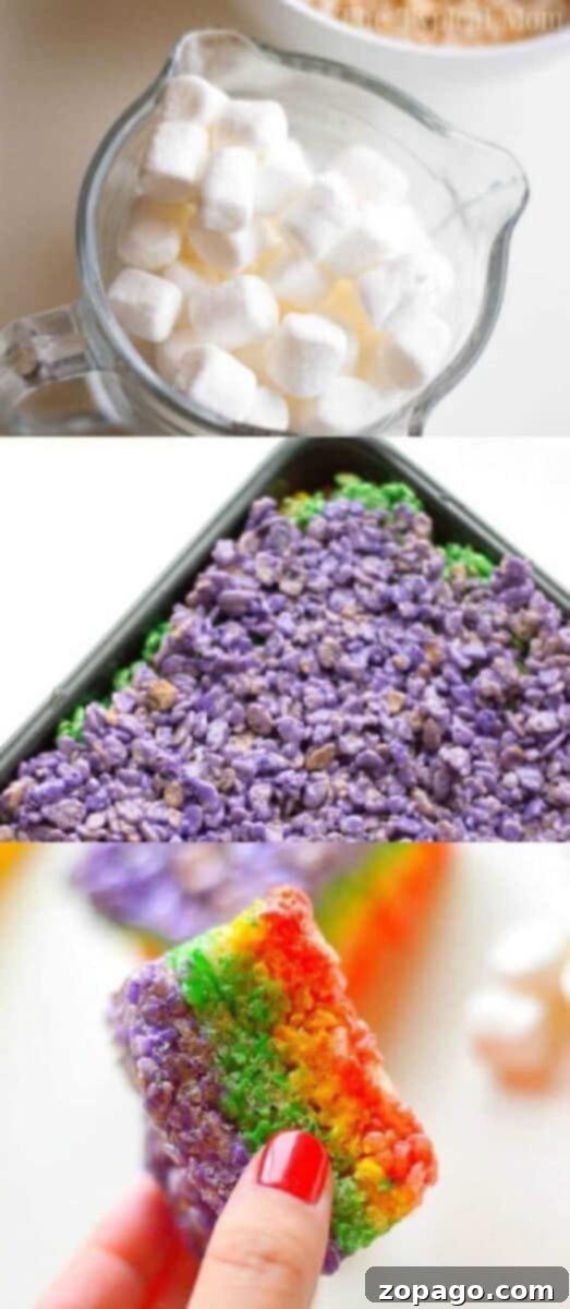 Rainbow Rice Krispy treats are perfect for a rainbow birthday party or a St. Patrick's Day dessert. Different colored marshmallow squares are fun! #rainbow #ricekrispytreats #birthdayparty #marshallow #dessert Colorful Fruity Pebbles Rice Crispy Treats