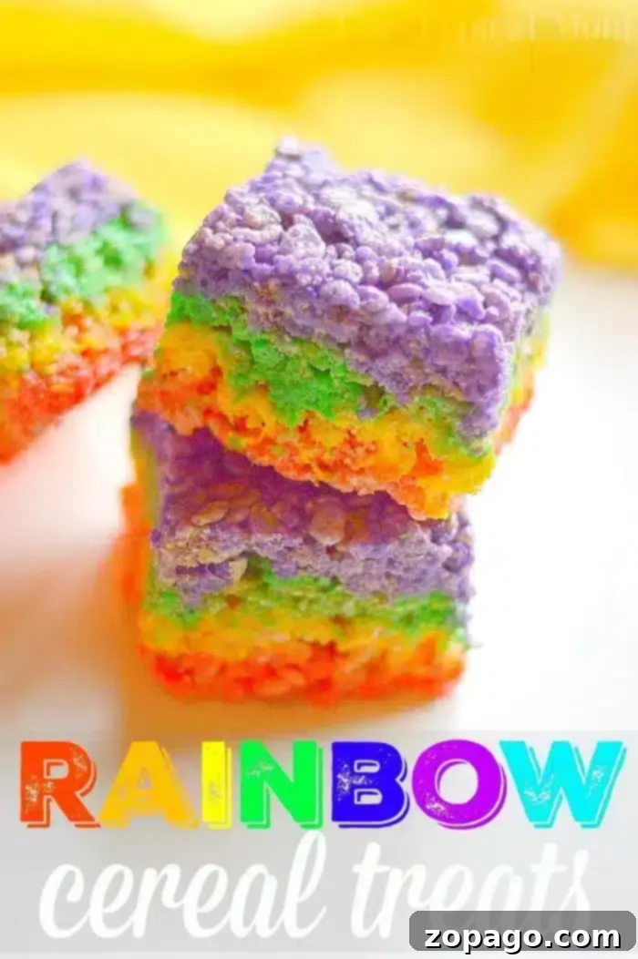 Rainbow Rice Krispy treats are perfect for a rainbow birthday party or a St. Patrick's Day dessert. Different colored marshmallow squares are fun! #rainbow #ricekrispytreats #birthdayparty #marshallow #dessert Unicorn Rice Krispie Treats decorated with frosting and sprinkles