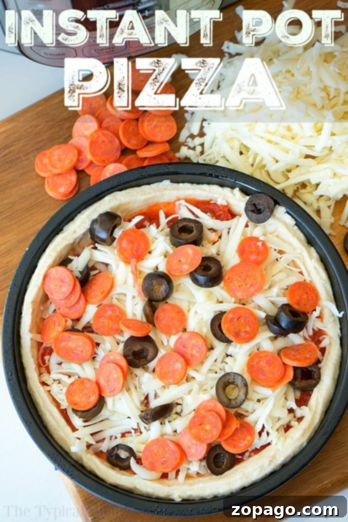 Easy Instant Pot Pizza 8 Two deep-dish Instant Pot pizzas are ready to be served, showcasing their golden crusts and melted toppings. One pizza has pepperoni, and the other has black olives, with fresh basil as a garnish.