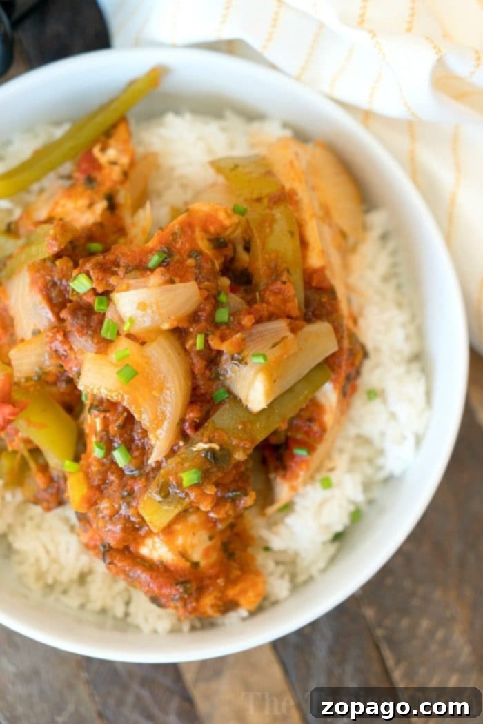 Instant Pot salsa chicken is easy to make and only needs 3 ingredients! A healthy pressure cooker recipe for shredded chicken tacos. A vibrant bowl of Instant Pot Salsa Chicken served over rice, garnished with fresh bell peppers, onions, and chives, creating a wholesome and inviting meal.