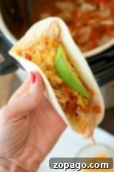 Easy Instant Pot Salsa Chicken 6 A hand presenting a mouth-watering Instant Pot Salsa Chicken taco, generously filled with cheese, avocado, and tomato.