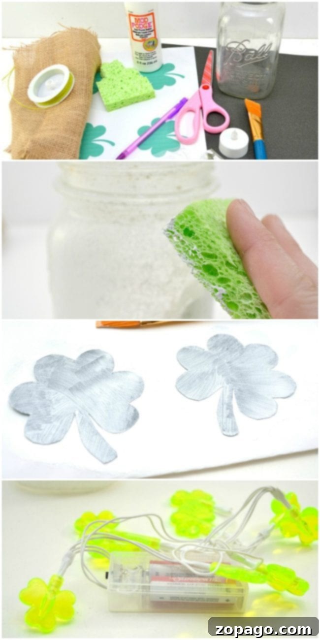 Easy Mason Jar Luminary Craft: Follow these steps to create your own glowing jar. Step-by-step image of crafting a Mason Jar Luminary, showing the application of glitter and light.