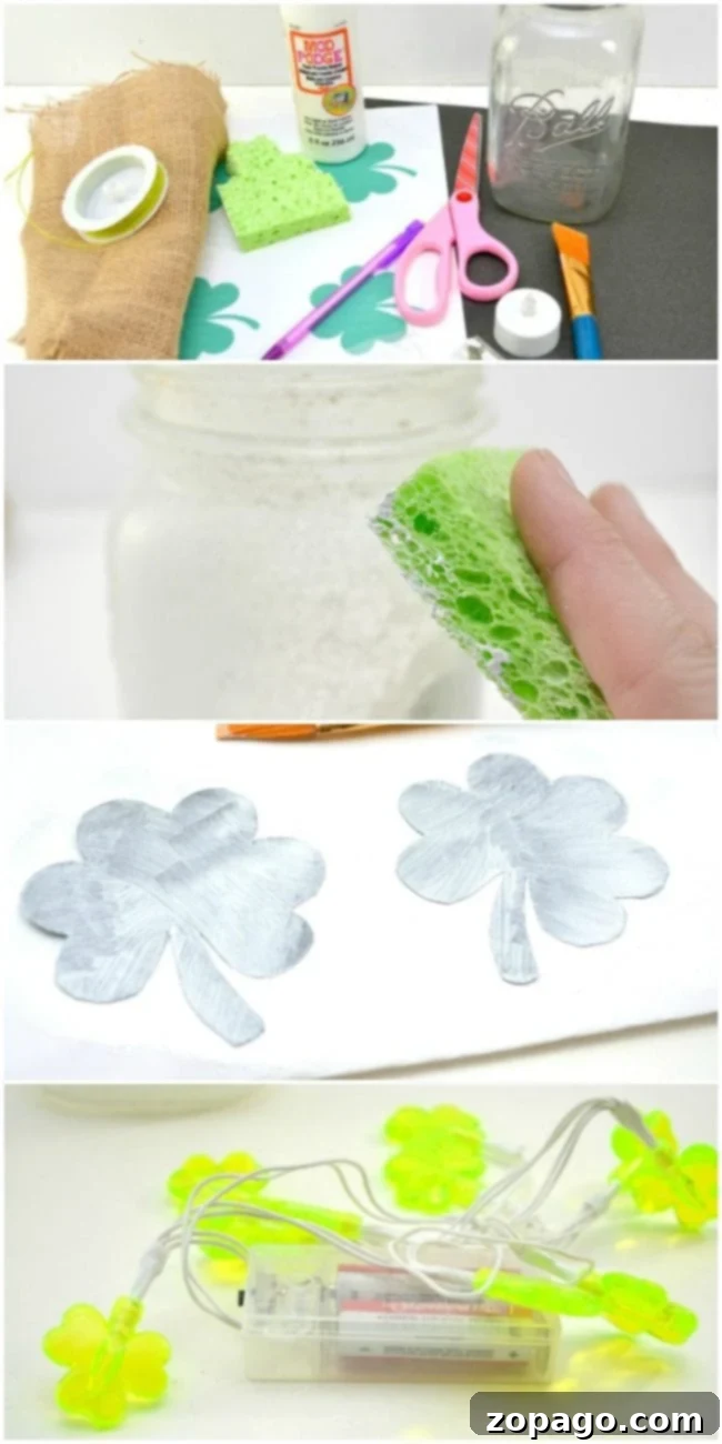 Follow these easy steps to create beautiful, glowing mason jar luminaries for any occasion. Crafting process for a mason jar luminary: cutting shapes, applying Mod Podge, and decorating with glitter.