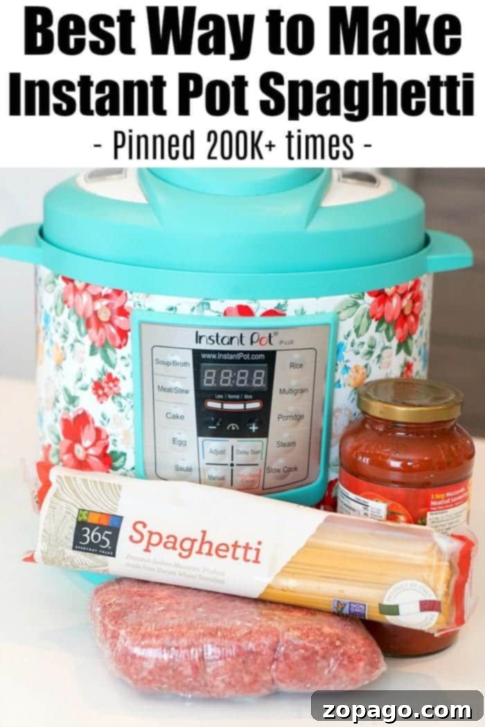 Prepare delicious 3-ingredient Instant Pot spaghetti, a family-favorite dinner that's both easy and economical. A large pot of hearty Instant Pot spaghetti with meat sauce, ready for a family dinner