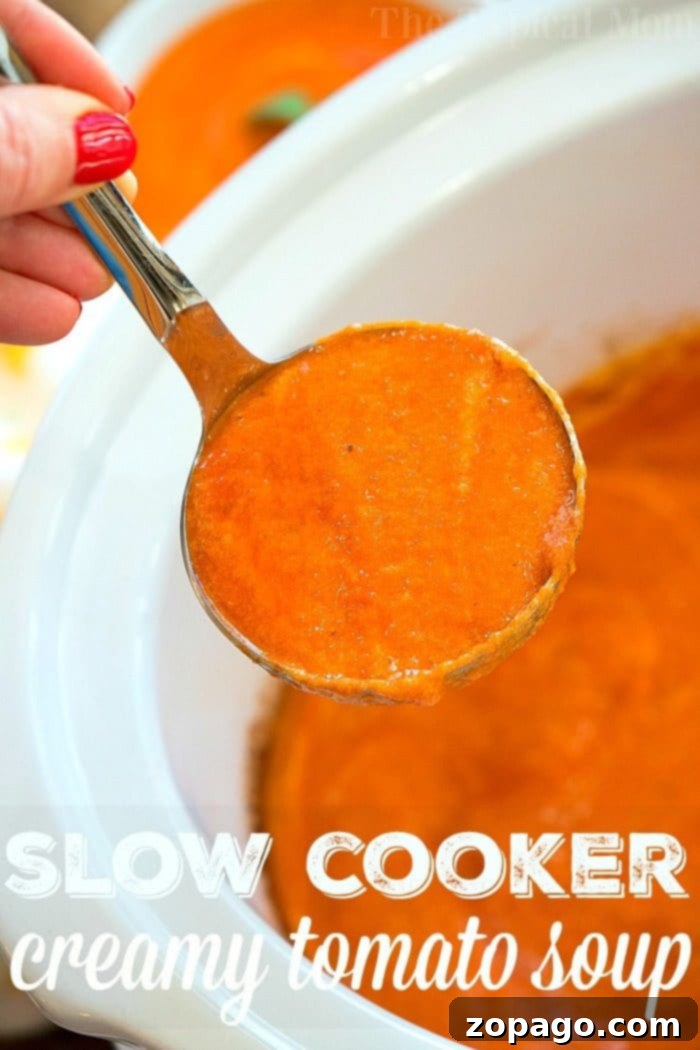 Slow Cooker Preparing Delicious Creamy Tomato Soup A large pot of creamy tomato soup simmering in a slow cooker