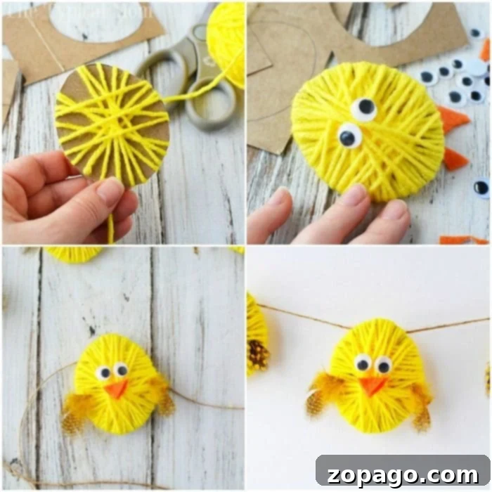 Detailed view of yarn chick craft steps for an Easter garland, showcasing texture and embellishments. Close-up of handmade Easter yarn chicks featuring googly eyes and felt beaks