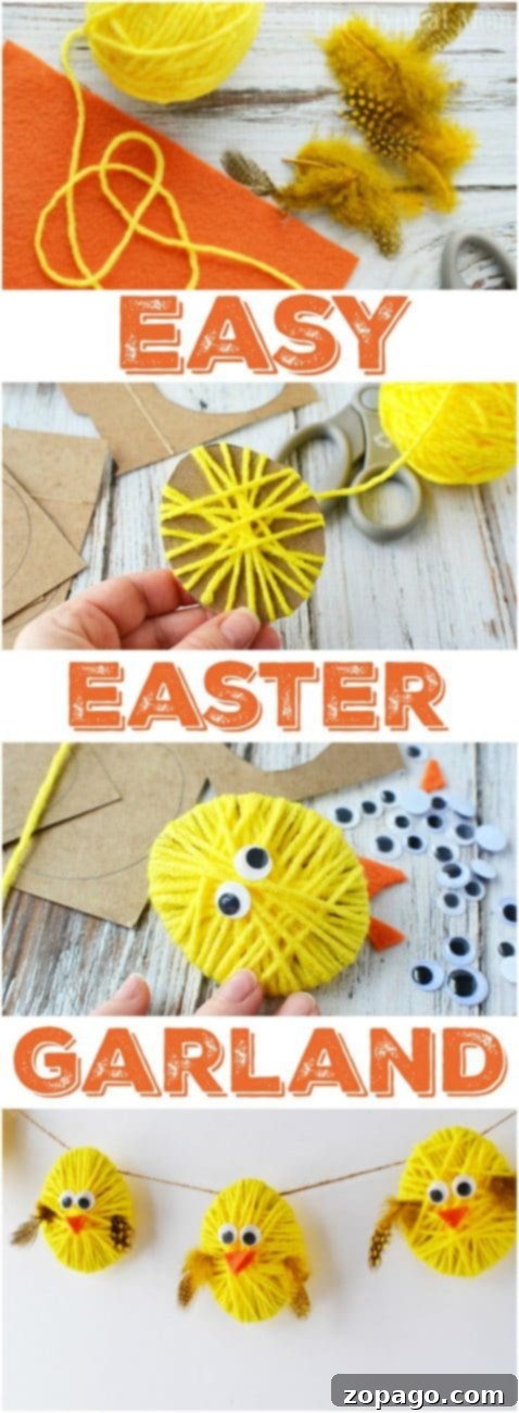 Festive Easter Garland Project 2 Finished Easter garland with cheerful yarn chicks hanging gracefully on a mantelpiece