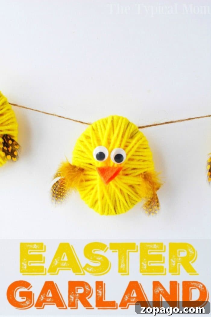 Follow these easy steps to craft your own adorable yarn chick Easter garland for spring. Step-by-step imagery for creating a DIY Easter garland with yarn chicks