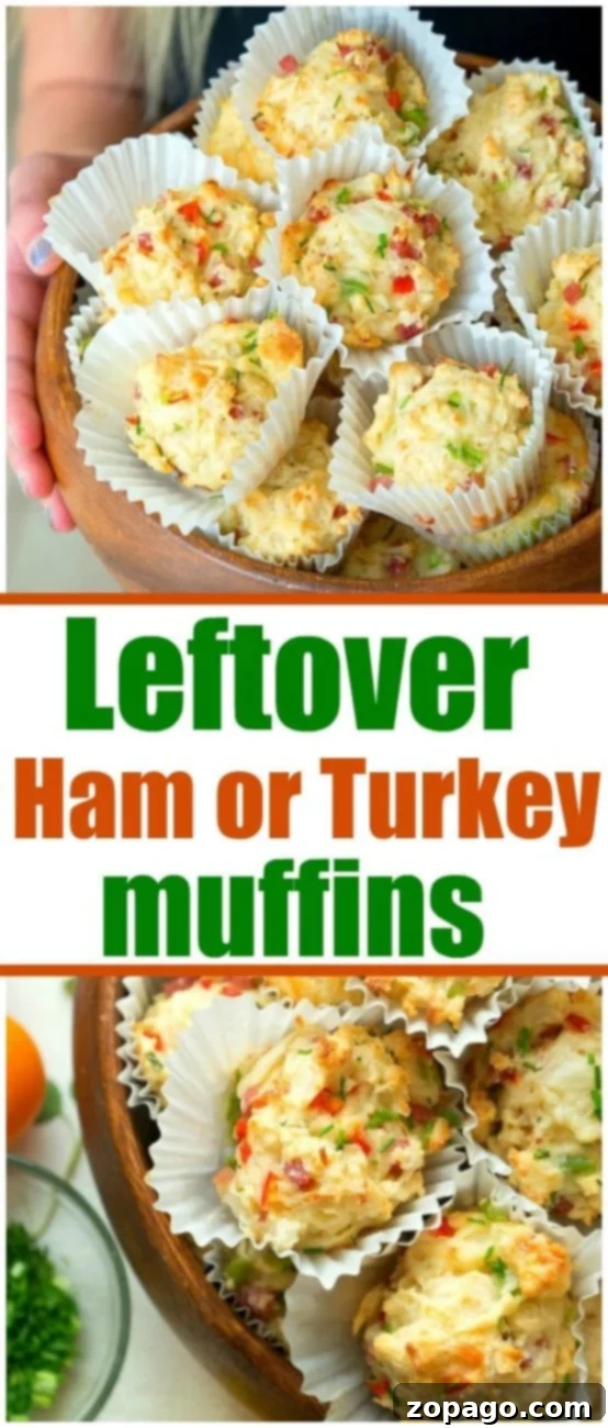 Easy savory breakfast muffins when you're on the go! Packed with leftover ham or turkey and cheese they have an amazing flavor and the perfect finger food in the morning. A large wooden serving board filled with an assortment of savory breakfast muffins, some in paper liners, others without, topped with herbs.