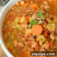 A bowl of Instant Pot pinto bean soup, enriched with a variety of fresh vegetables and garnished with a delicate sprig of herbs.