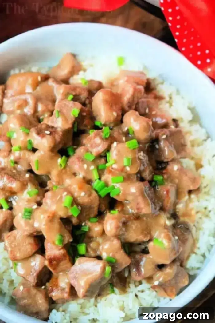 Instant Pot cube steak with gravy is yummy! Tender bites of meat smothered in a creamy mushroom sauce. A total winner. #instantpot #pressurecooker #cubesteak #steak #thetypicalmom #instantpotrecipes A white bowl filled with white rice topped with diced instant pot cube steak in a flavorful brown sauce, garnished with chopped green onions.