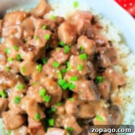 A bowl of rice topped with savory Instant Pot cube steak, garnished with chopped green onions.