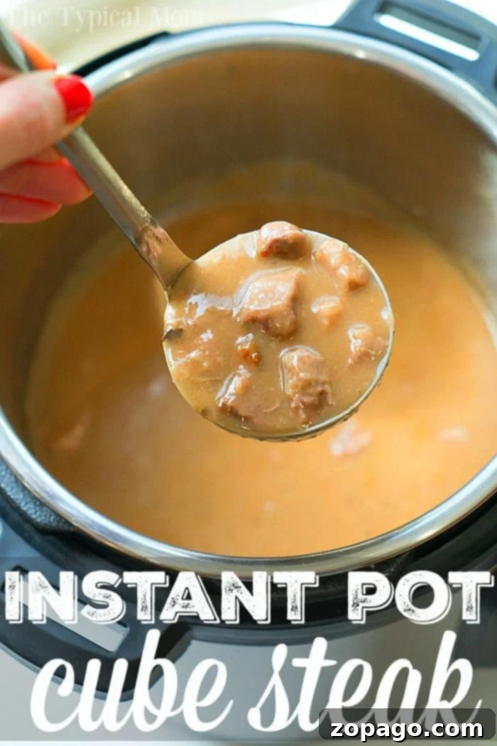 Instant Pot cube steak with gravy is yummy! Tender bites of meat smothered in a creamy mushroom sauce. A total winner. #instantpot #pressurecooker #cubesteak #steak #thetypicalmom #instantpotrecipes Instant Pot Cube Steak 4