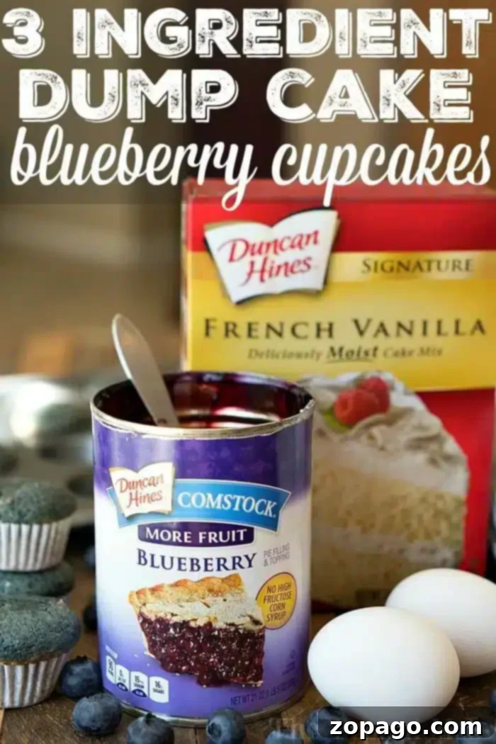 Simple 3-Ingredient Blueberry Cupcakes: Cake Mix, Pie Filling & Eggs An image showcases a can of Duncan Hines Comstock blueberry pie filling and a box of Duncan Hines Signature French Vanilla cake mix, flanked by two fresh eggs. The prominent text atop announces "3 Ingredient Blueberry Dump Cake Cupcakes," emphasizing the simplicity of this quick dessert recipe.
