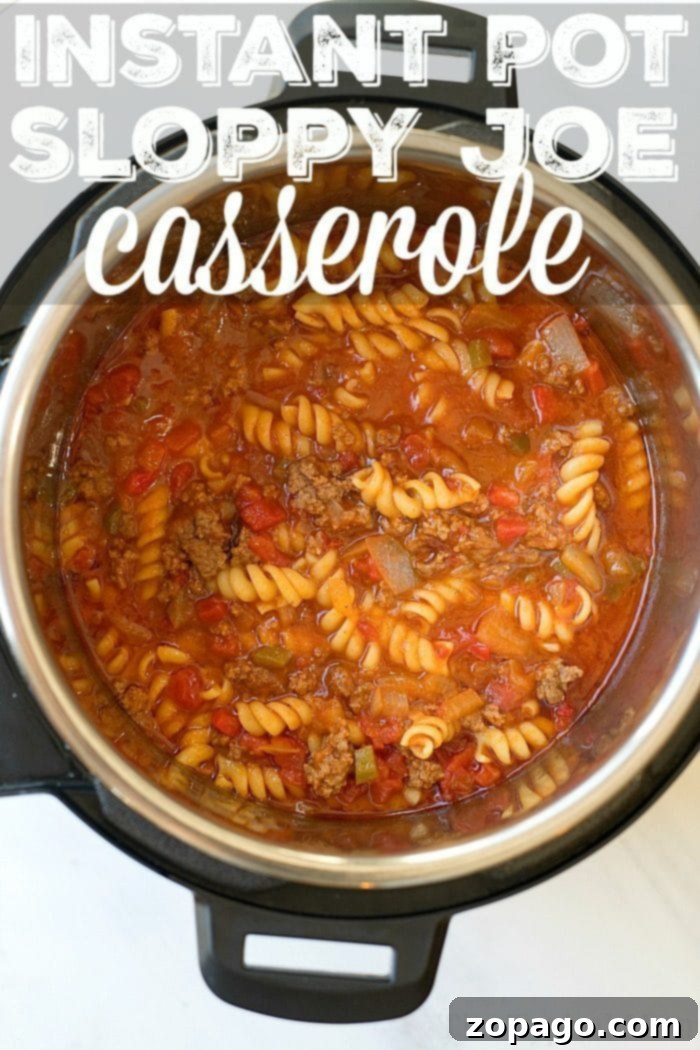 Instant Pot Sloppy Joe Casserole: Your new go-to family meal. All the best flavors of sloppy joe with pasta instead of a bun, packed with incredible taste! Delicious Instant Pot sloppy joe casserole with rotini pasta and savory ground beef, topped with fresh herbs, perfect for a family dinner.