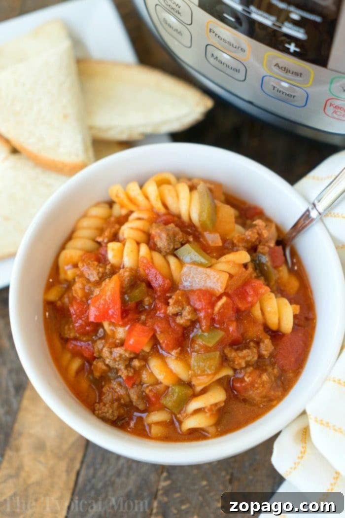 This Instant Pot sloppy joe casserole is my kids favorite dinner. All the best flavors of sloppy joe but with pasta instead of a bun and packed with flavor! Close-up of Instant Pot sloppy joe casserole, showcasing tender rotini pasta mixed with rich, savory ground beef and tomato sauce, garnished with parsley, ready to serve.