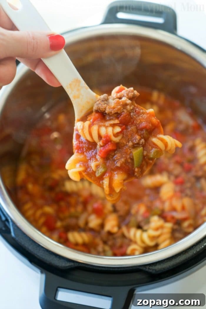 This Instant Pot sloppy joe casserole is my kids favorite dinner. All the best flavors of sloppy joe but with pasta instead of a bun and packed with flavor! Instant Pot sloppy joe casserole served in a rustic bowl, garnished with fresh parsley and melted shredded cheese, with a spoon ready to dig in.