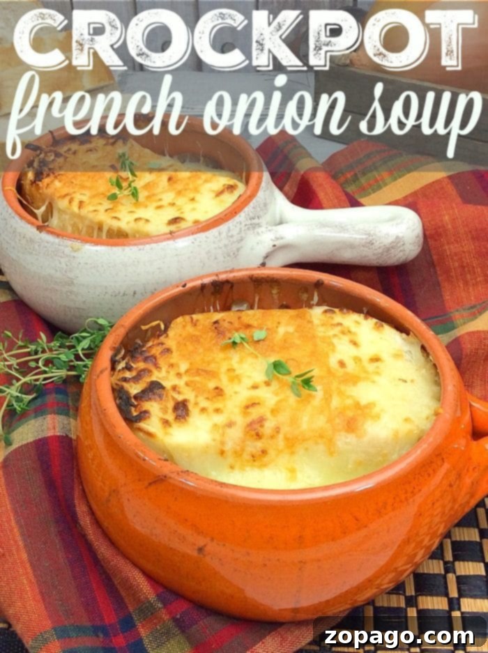 Easy Crockpot French Onion Soup 4 Hearty slow cooker French onion soup served in a bowl with melted cheese
