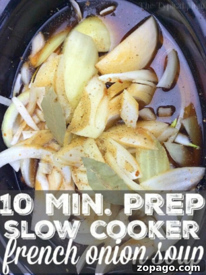 Easy Crockpot French Onion Soup 6 A large pot of Easy Crockpot French Onion Soup simmering, ready to be served.