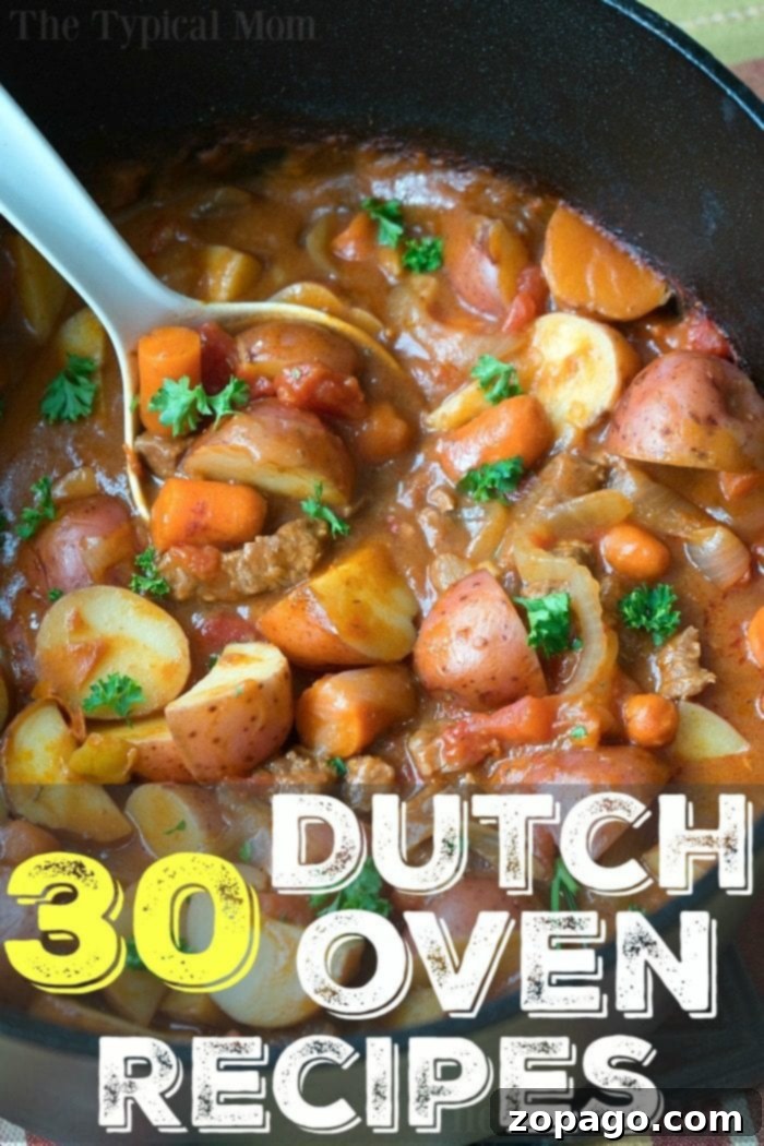 Explore over 30 delicious Dutch oven recipes for every meal, whether at home or while camping. From hearty dinners to freshly baked bread and tempting desserts, your cast iron Dutch oven makes cooking simple and satisfying. #dutchoven #recipes #dinners #beef #chicken #soup #stew #dessert #potatoes #castiron Delicious main courses cooked in a Dutch oven