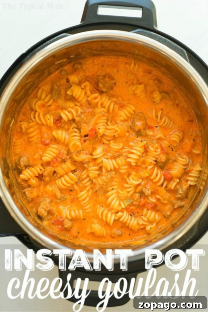A close-up of the delicious, creamy Instant Pot Goulash. Cooked cheesy Instant Pot goulash with rotini pasta
