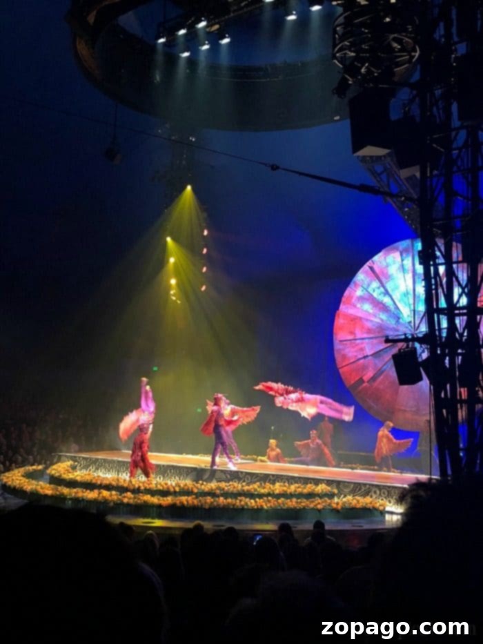 Aerialists defying gravity amidst rainfall in Luzia A stunning aerialist performance under a rain curtain at Cirque du Soleil Luzia, showcasing the unique water elements.