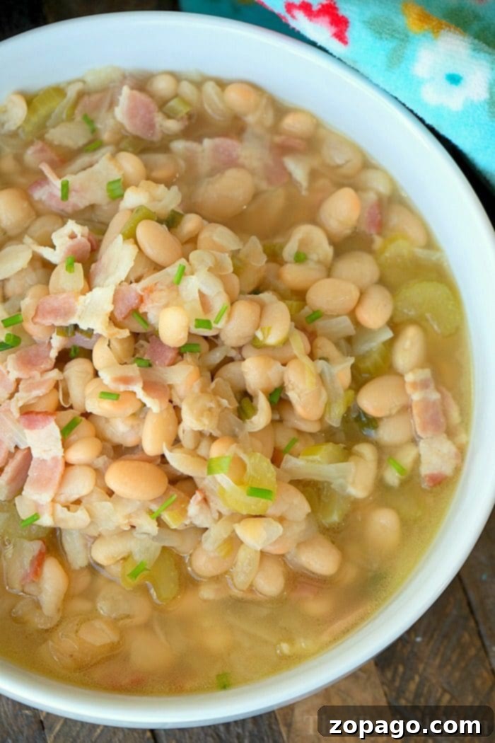 Pressure cooker bean soup that is healthy and homemade. The perfect Instant Pot soup during the winter and year round really. #pressurecooker #instantpot #crockpotexpress #bean #soup #northernbeans #healthy #instantpotrecipes #thetypicalmom #beansoup A close-up of a bowl of creamy pressure cooker white bean soup, garnished with crispy bacon and vibrant green onions, ready to be enjoyed.