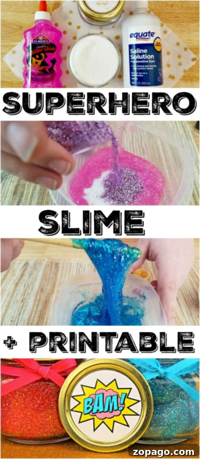 Essential Ingredients for DIY Borax-Free Slime Ingredients laid out for making superhero glitter slime.
