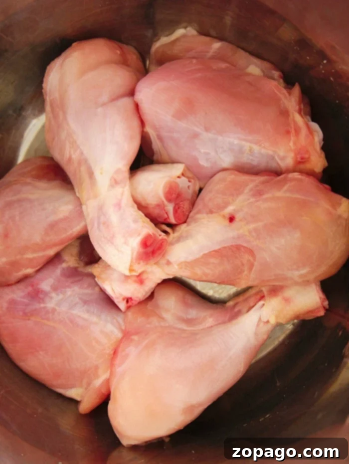 Tender Instant Pot Chicken Legs 4 Raw chicken legs sit in a sleek metal bowl, ready for preparation and pressure cooking in the Instant Pot, highlighting their readiness for a delicious meal.