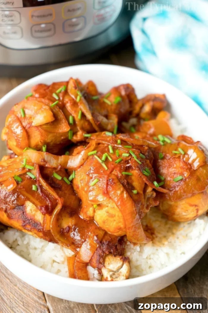 Tender Instant Pot Chicken Legs 7 A vibrant bowl of Instant Pot chicken legs, generously topped with fresh onions and a savory sauce, served on a bed of fluffy white rice and garnished with finely chopped chives. This appetizing dish highlights the tender chicken and rich flavors.