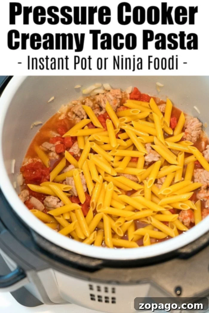 Pressure Cooker Taco Pasta: A hearty and flavorful one-pot meal, perfect for quick dinners. Cheesy pressure cooker taco pasta in an Instant Pot, ready to be served.