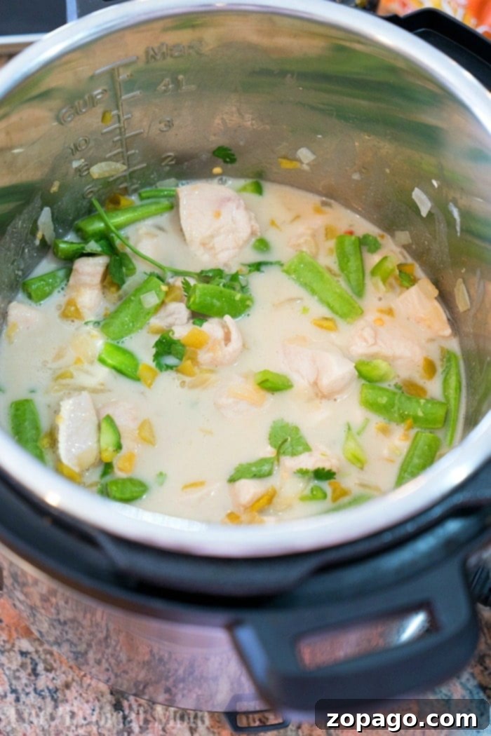 Pressure cooker coconut chicken with curry turned out amazing! A creamy Instant Pot chicken with vegetable dish served as a soup or on top of rice. Try our Thai style coconut chicken yourself and let us know what you think! Pressure Cooker Coconut Chicken 3