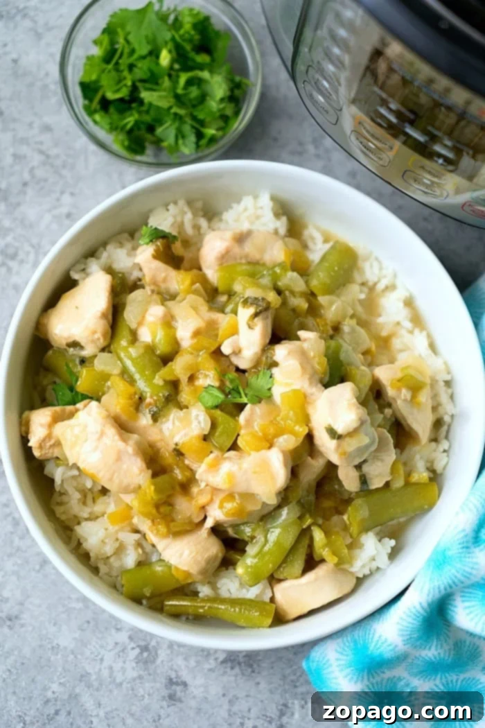 Pressure cooker coconut chicken with curry turned out amazing! A creamy Instant Pot chicken with vegetable dish served as a soup or on top of rice. Try our Thai style coconut chicken yourself and let us know what you think! A bowl of coconut chicken over rice, with chopped cilantro and a pressure cooker in the background.
