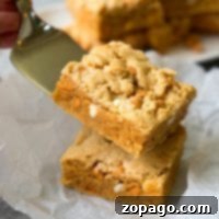 A hand holds a metal spatula, expertly lifting two stacked decadent peanut butter cookie brownies.