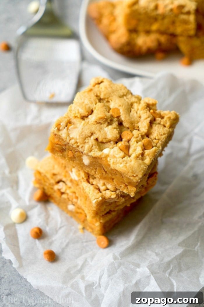 Cake mix peanut butter cookie brownies! Rich peanut butter flavor with white chocolate chips that are an ooey gooey dessert everyone in the house will love. They're so easy because you use yellow cake mix as the base and amp it up with nuts and peanut butter. The best quick treat ever. #cakemix #brownies #peanutbutter #easy Peanut butter cookie brownies with a rich, golden-brown crust and visible chips, ready to be enjoyed.