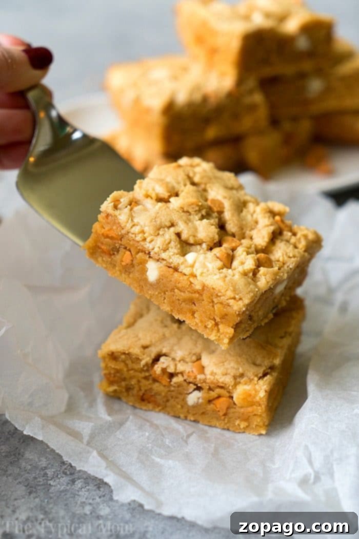 Decadent Peanut Butter Cake Mix Brownies 7 A hand holds a metal spatula, expertly lifting two stacked decadent peanut butter cookie brownies, ready to be served.