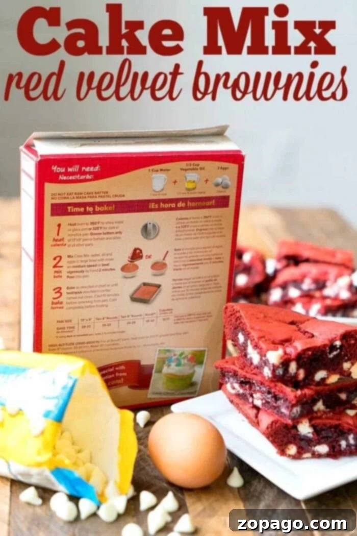 Shortcut Red Velvet Brownies 3 A simple yet powerful trio of ingredients: a box of Duncan Hines red velvet cake mix, a fresh egg, and a bag of white chocolate chips, ready to create delicious red velvet brownies.