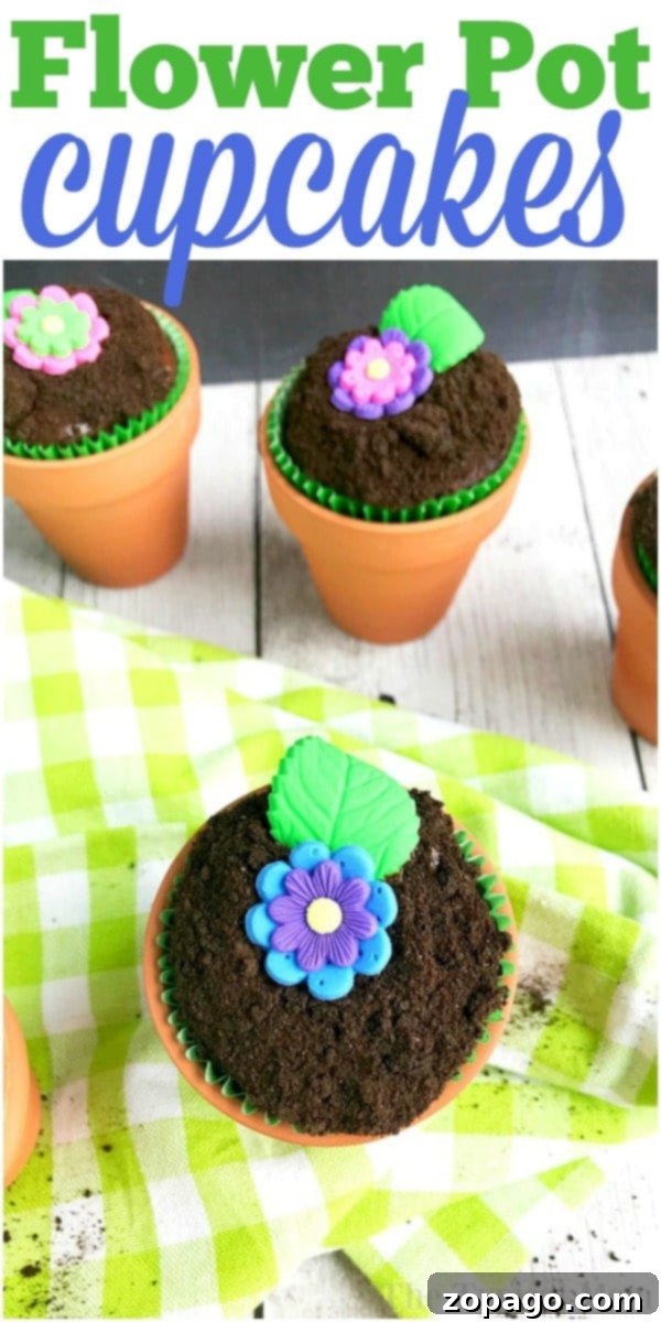 Flower Pot Cupcake Magic 2 Two decorated flower pot cupcakes, one with a pink flower and one with a yellow flower, in small terracotta pots on a rustic wooden surface.