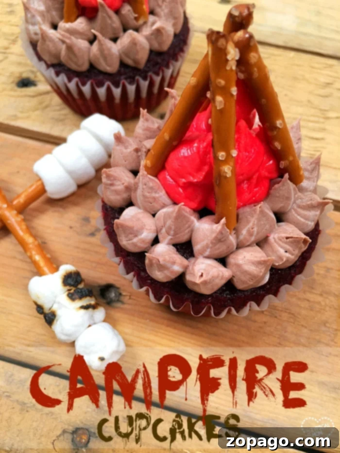 Flower Pot Cupcake Magic 6 A close-up of a s'mores-inspired cupcake decorated with chocolate, graham cracker crumbs, and toasted marshmallow, evoking a campfire feel.