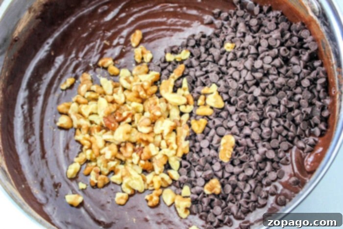 Devils Food Cake Mix Brownies 3 Rich chocolate batter for Devil's Food Brownies with chopped walnuts and chocolate chips in a mixing bowl, ready for baking.