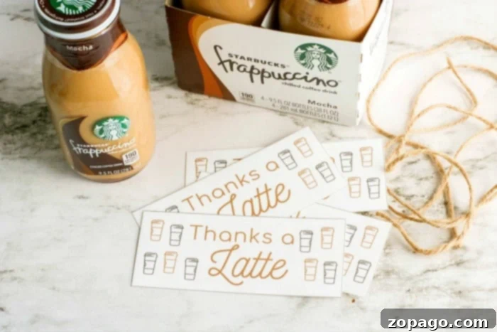 Perfect Presents for Amazing Educators 2 Starbucks Frappuccino bottles with a 'Thanks a Latte' printable gift tag and ribbon