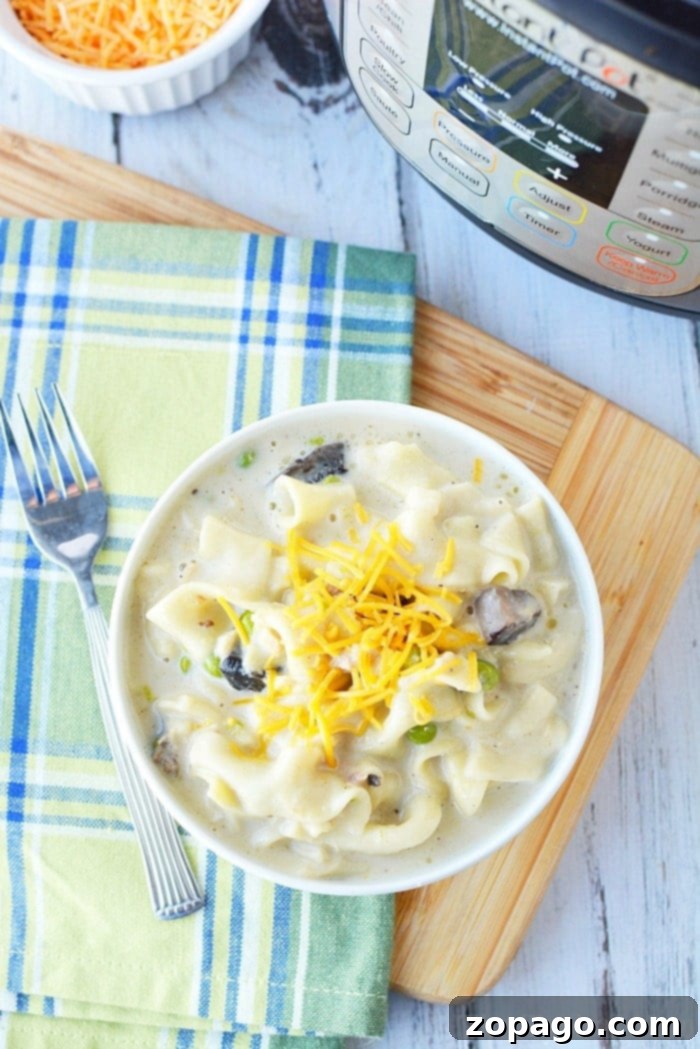 Instant Pot tuna noodle casserole will bring you back to your childhood for sure. The comfort food you love can now be made in your Instant Pot for dinner in no time at all and is loaded with all the ingredients you once made in your oven. #instantpot #pressurecooker #tunanoodlecasserole #casserole #tuna #tunacasserole #instantpotrecipes #thetypicalmom A close-up of Pressure Cooker Tuna Noodle Casserole with melted cheese and fresh parsley